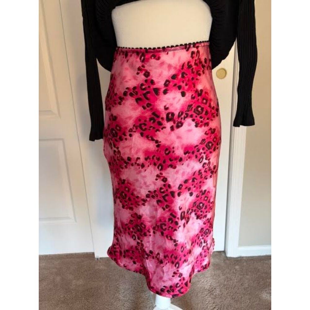 VTG Fire Los Angeles Pink Leopard Print Satin Midi Skirt Y2K Grunge Small